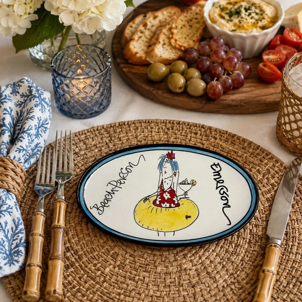 Lotus International Emerson Serving Platter Beach Person White Excellent Oval